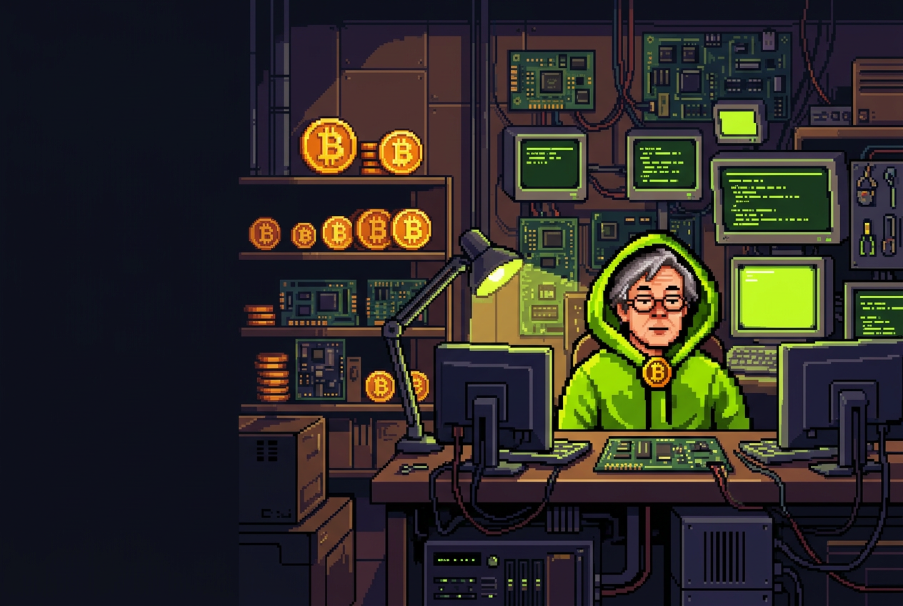 Mini Satoshi Nakamoto in a Bitcoin pixel-art workshop